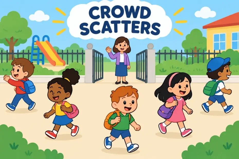 Cartoon pupils walk away in different directions across a playground, showing disperse in a sentence as a group spreading apart.