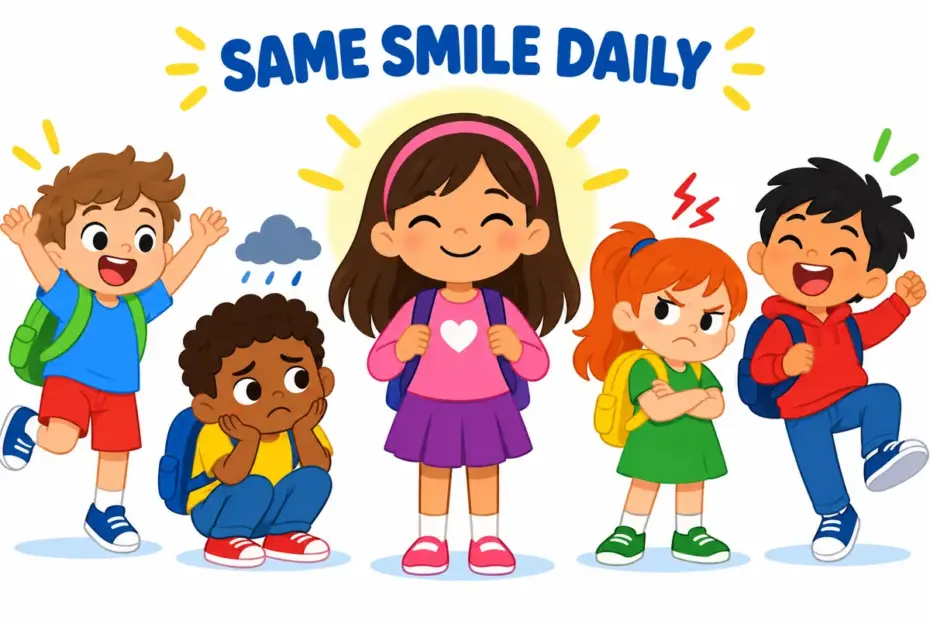 Children show passing moods while one girl remains steady, illustrating disposition in a sentence as a lasting character tendency.