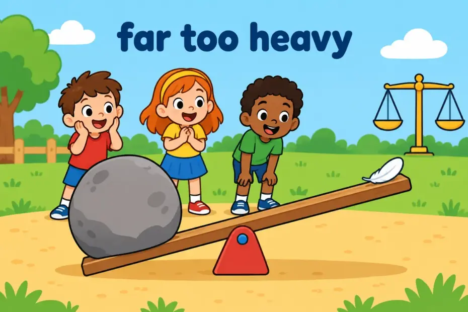 Cartoon children watch a giant weight press down one side of a seesaw beside a tiny feather, showing disproportionate in a sentence.