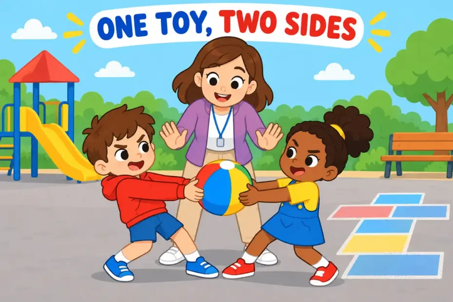 Two cartoon children tug opposite ends of one toy while a teacher steps in, showing dispute in a sentence as a disagreement.