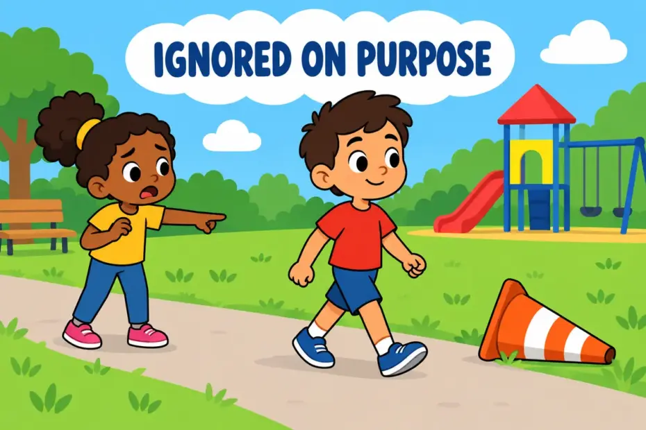 A cartoon child walks past a fallen safety cone without looking, showing disregard in a sentence as choosing to ignore.