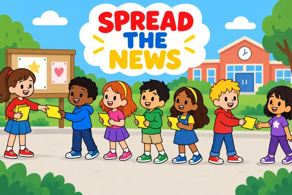 Cartoon children pass bright leaflets down a line to many classmates, showing disseminate in a sentence as spreading information widely.