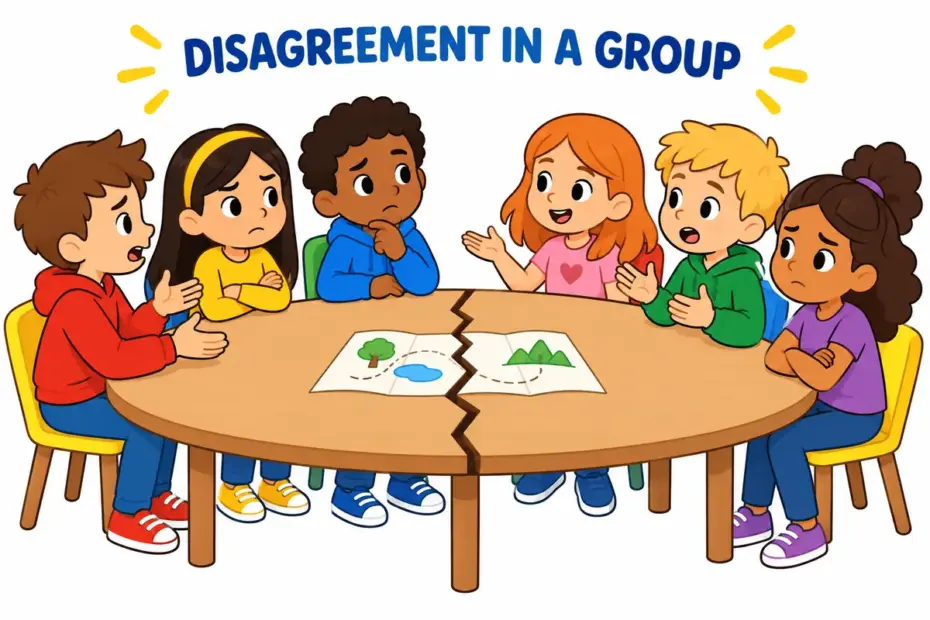 Cartoon club members face opposite ways around a table, showing dissension in a sentence as disagreement inside a group.