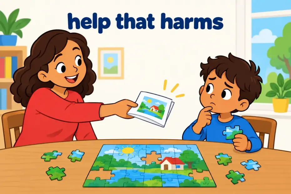 A cartoon adult hands a child jigsaw answers while the child looks unsure, showing disservice in a sentence as help that harms.