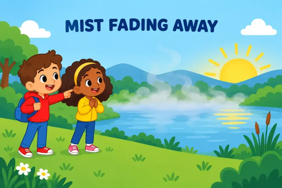 Cartoon children watch morning mist thin into the sky over a field, showing dissipate in a sentence as fading away gradually.