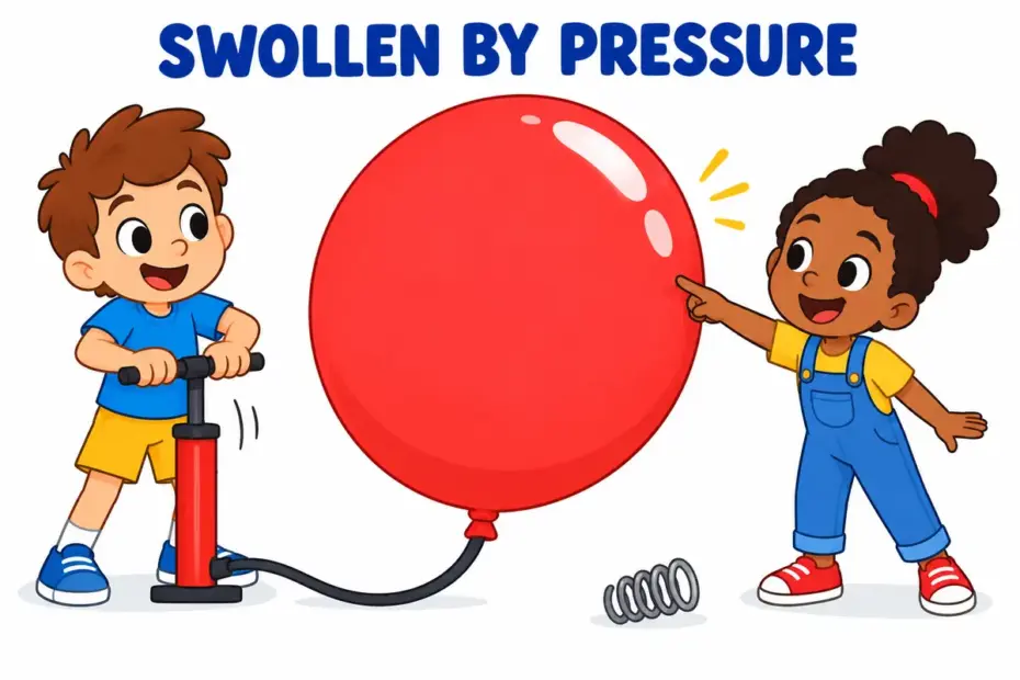 A cartoon balloon stretches tight as air is pumped inside, showing distend in a sentence as swelling under internal pressure.