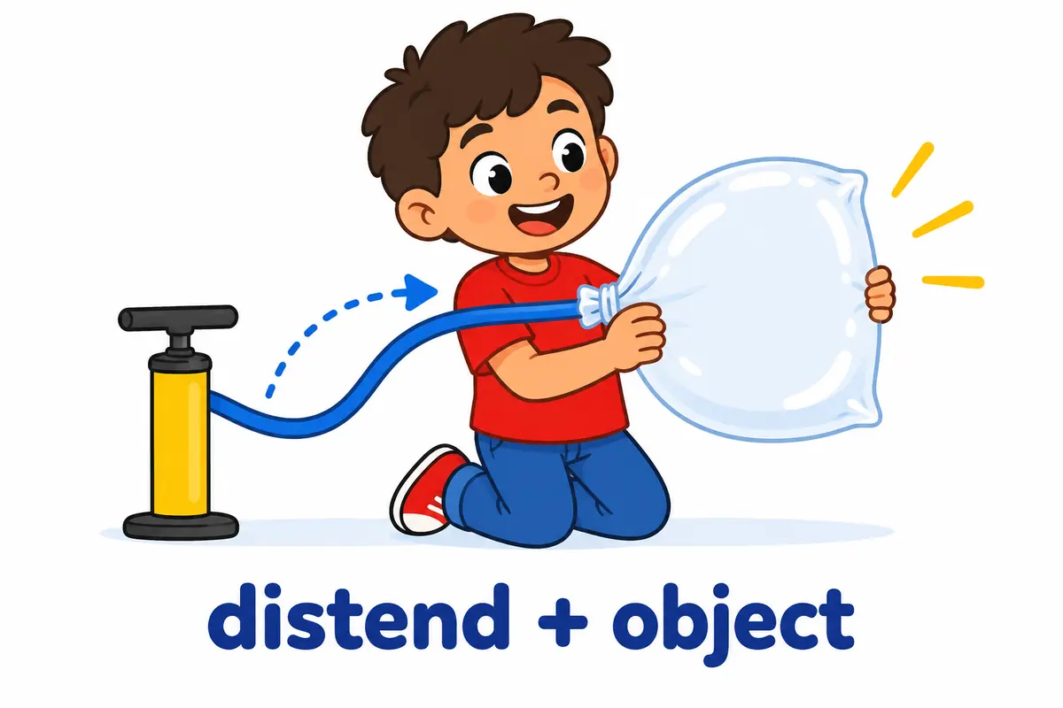 A cartoon shows an arrow of air pushing into a sealed bag while the child names the object that distends.