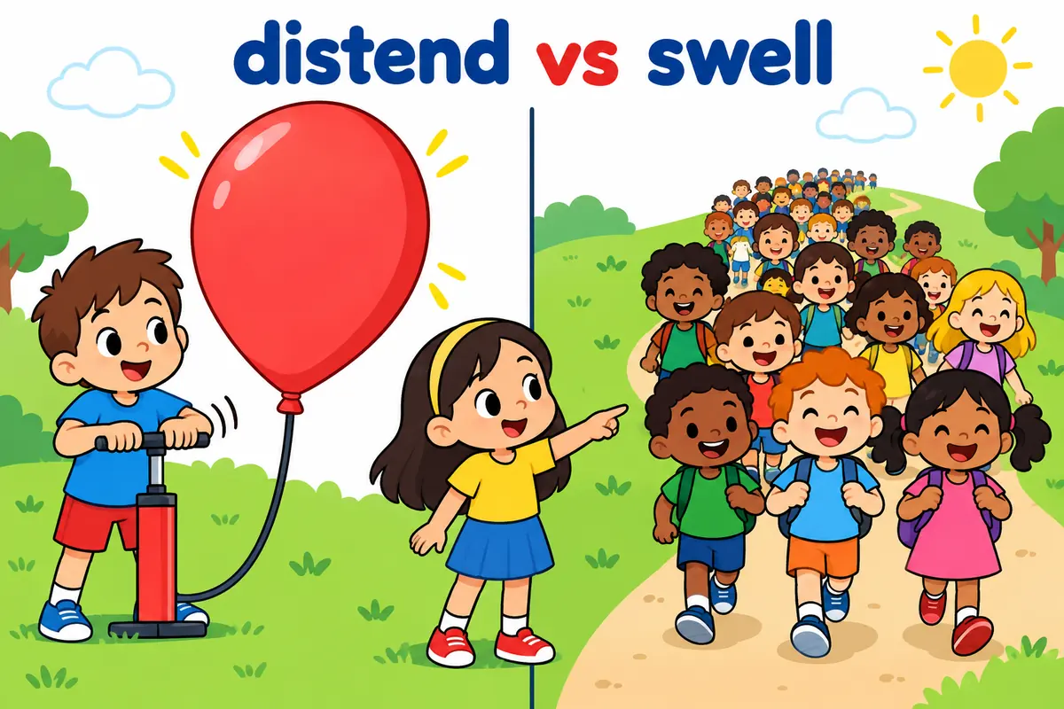 A cartoon contrasts a tight balloon for distend with a growing group of children for swell.