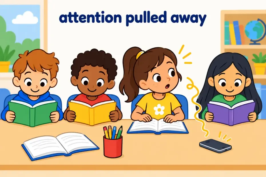 Cartoon pupils in a classroom look up as a bright sound pulls one child’s eyes from a book, showing distract in a sentence.