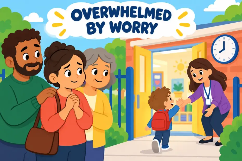 Cartoon relatives wait anxiously at a school gate, illustrating distraught in a sentence as being overwhelmed by news.