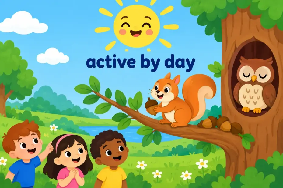 Cartoon animals in a sunny meadow for diurnal in a sentence, showing a squirrel busy in daylight while an owl sleeps.
