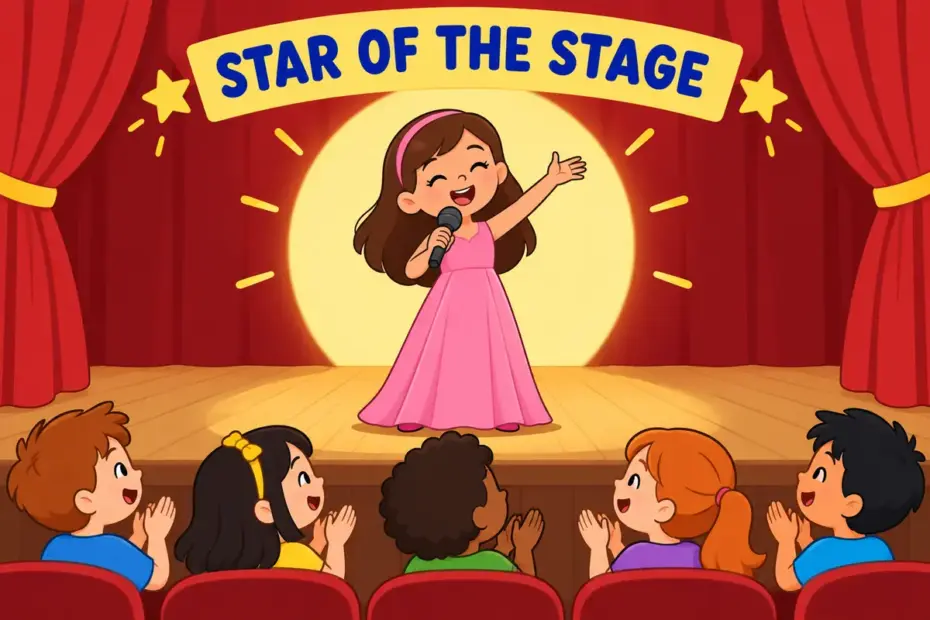 Cartoon girl sings beneath a stage spotlight while an audience claps, illustrating diva in a sentence.