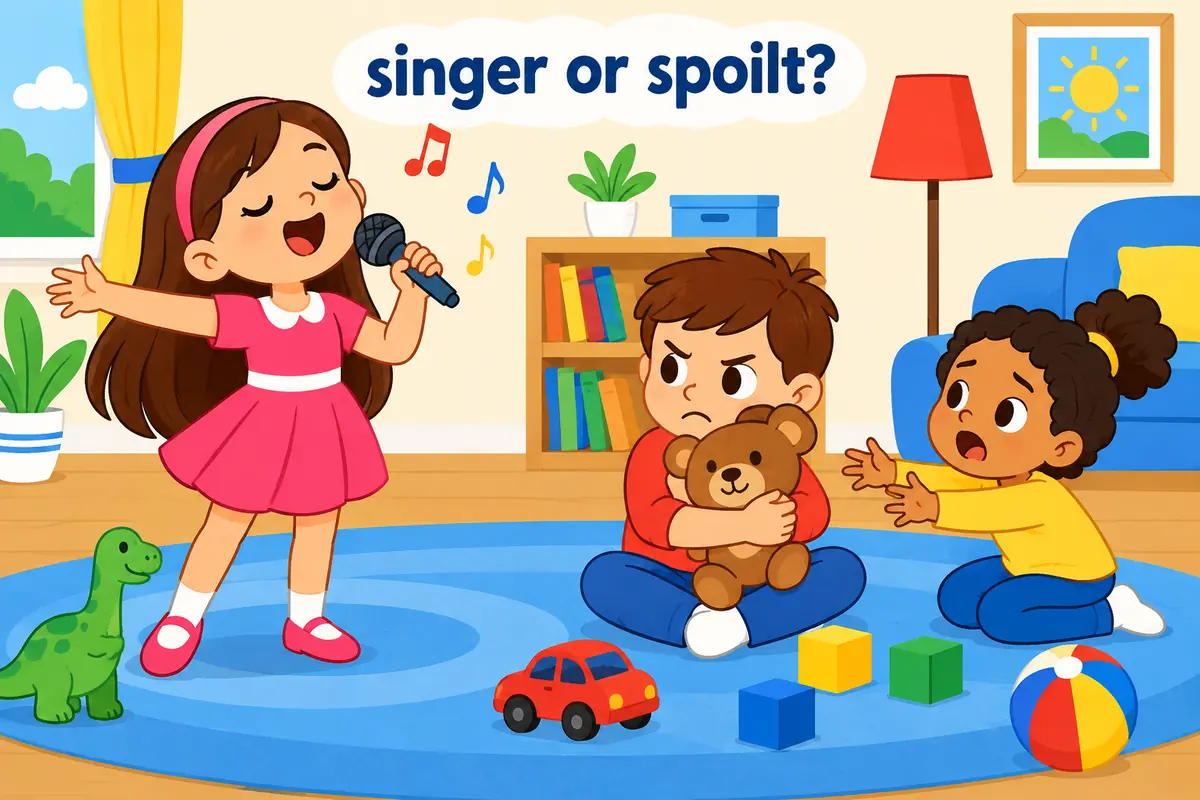 One unified cartoon scene illustrates The same noun can praise talent or criticise a manner, so the sentence must make the meaning clear.