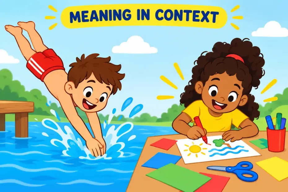 A cartoon scene shows dive in in a sentence through an everyday action that makes its meaning clear.