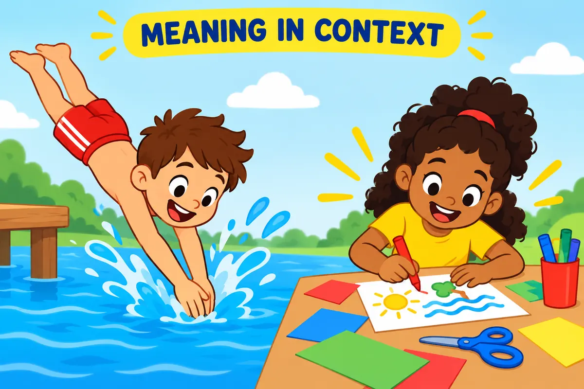 A cartoon scene shows dive in in a sentence through an everyday action that makes its meaning clear.