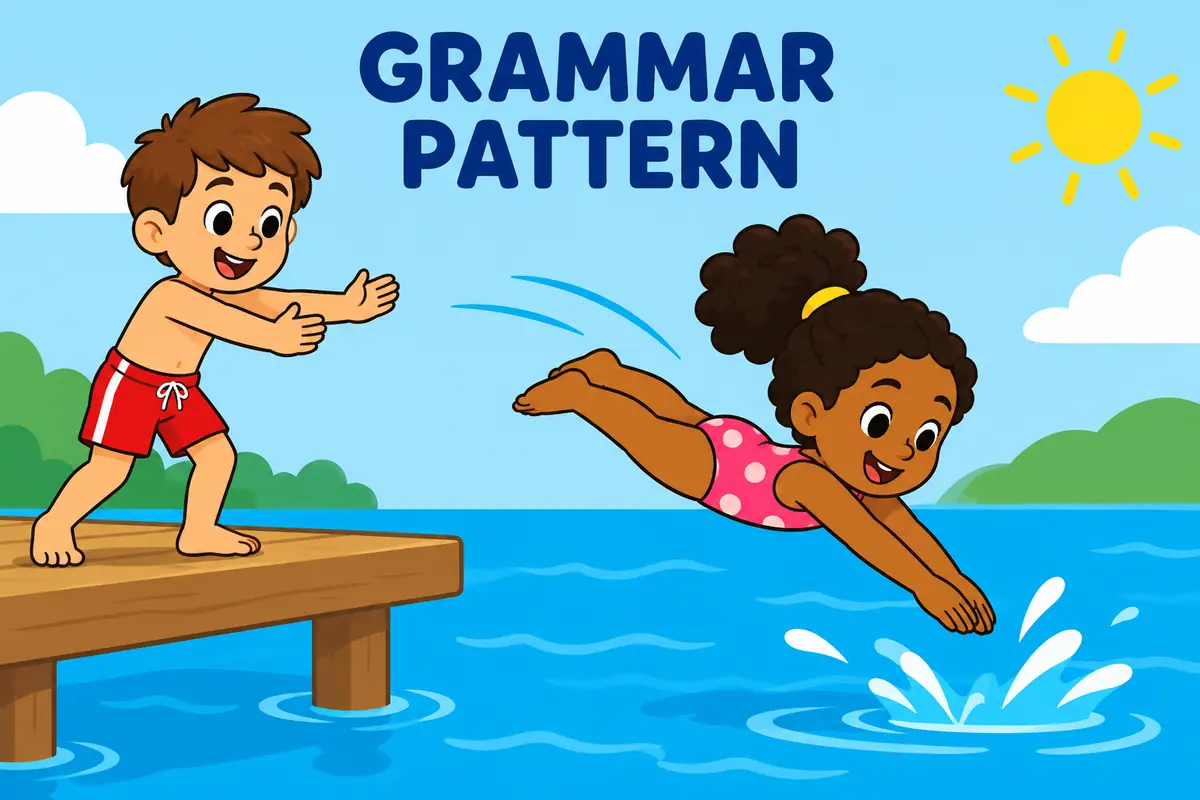 A cartoon scene illustrates the grammar of dive in in a familiar everyday situation.