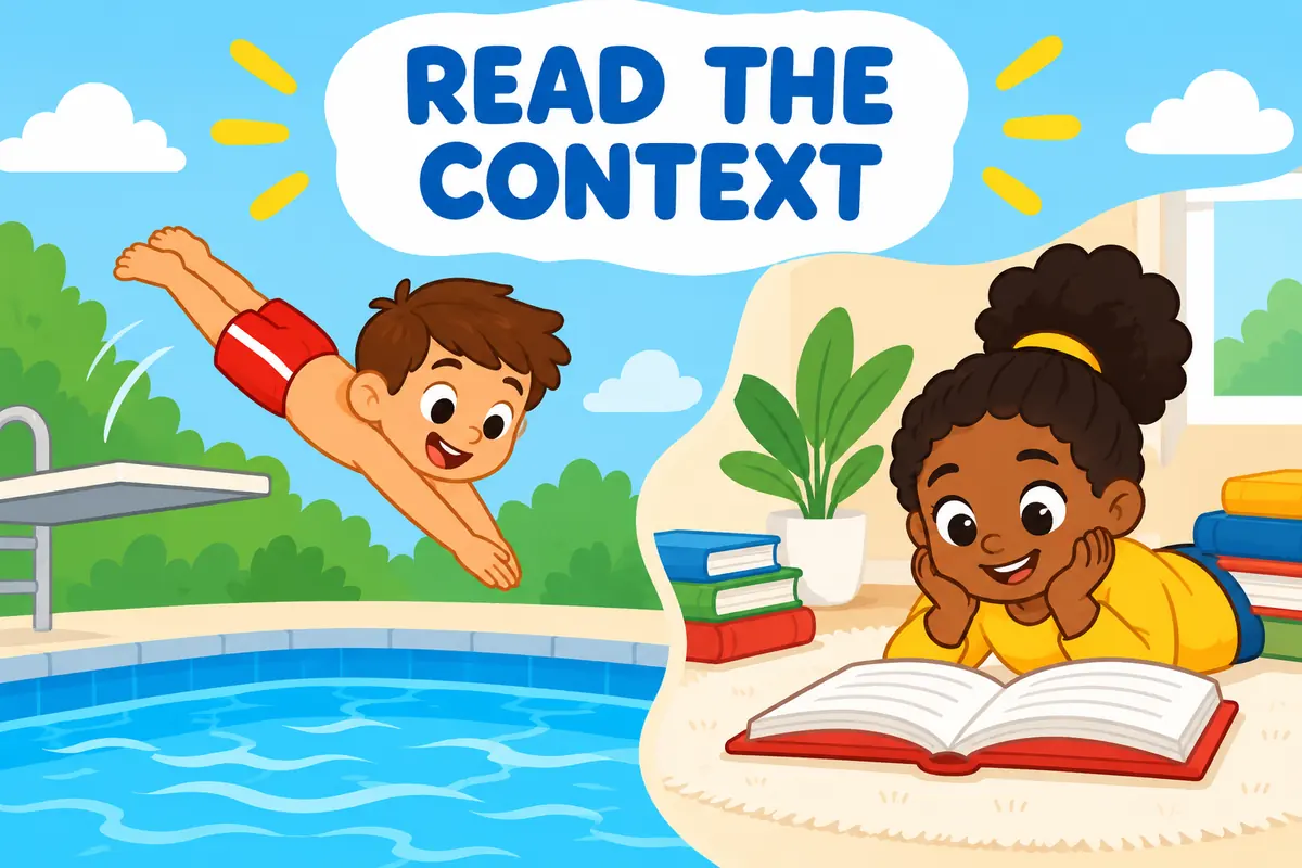 A cartoon comparison shows two contexts that clarify the meaning of dive in.