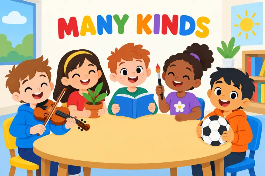 Cartoon children of different interests gather around one table, showing diverse in a sentence as variation within a group.