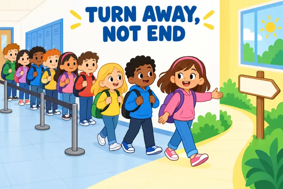 Cartoon children follow a signposted side path away from a long queue, showing diversion in a sentence as a change of direction.