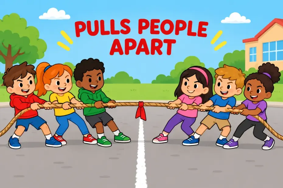 Cartoon children stand in two groups on either side of a chalk line, showing divisive in a sentence as splitting people apart.