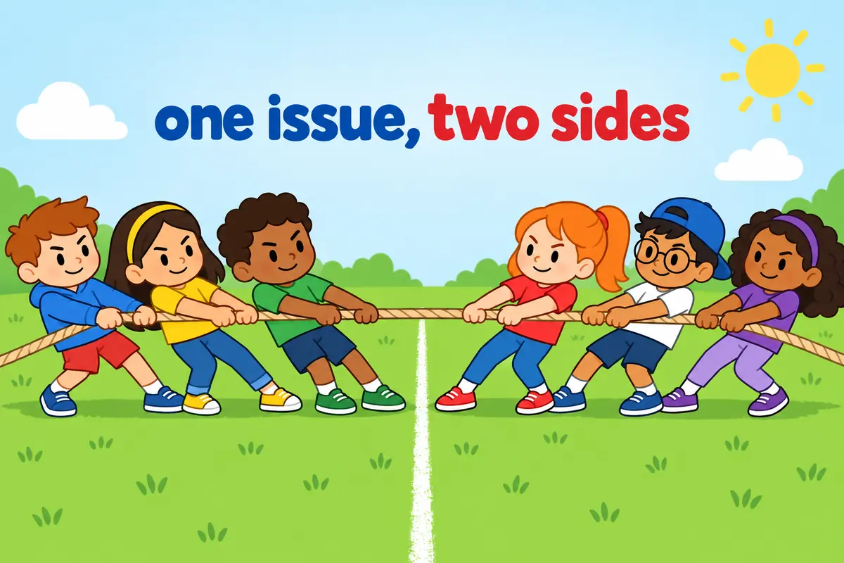 A cartoon group of children faces a chalk line, each half pulling a rope in the opposite direction.