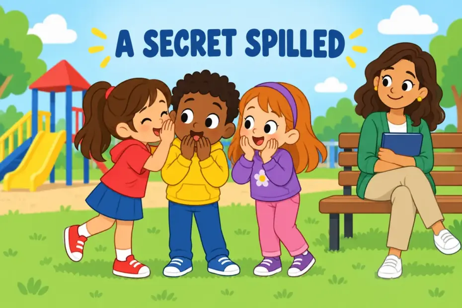 Cartoon children lean in as one whispers a secret, showing divulge in a sentence as revealing private information.
