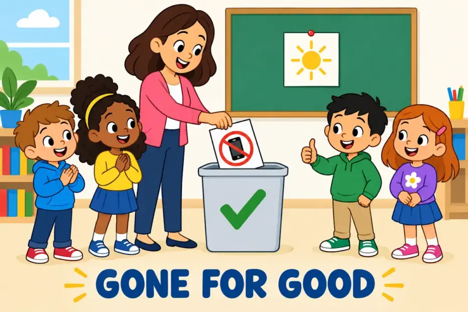 Cartoon children watch a teacher post a rule card into a bin, showing do away with in a sentence as ending a rule for good.