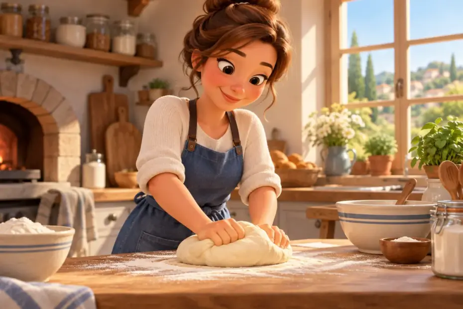 A baker kneads bread dough at a kitchen worktop.
