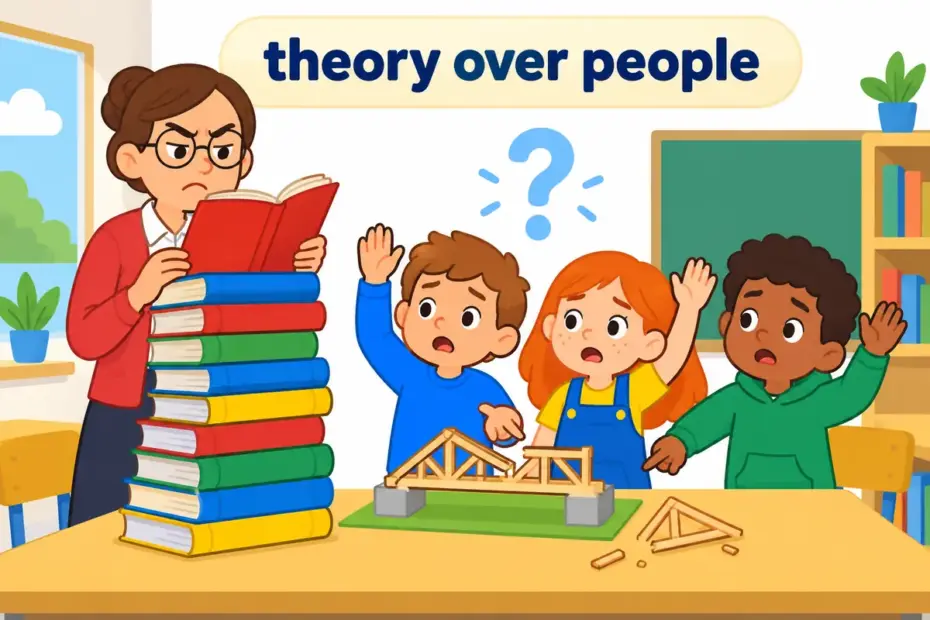 A cartoon teacher follows a tall rulebook while ignoring puzzled pupils, showing doctrinaire in a sentence as rigid loyalty to theory.