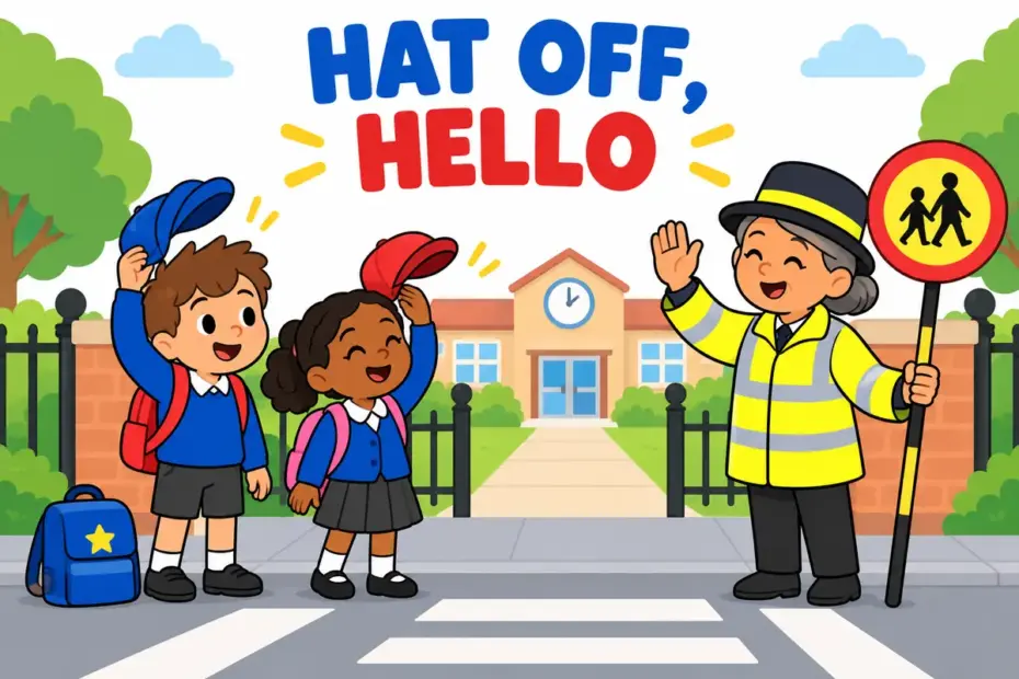 Cartoon children lift their caps in greeting outside a school gate, showing doff in a sentence as removing a hat with respect.