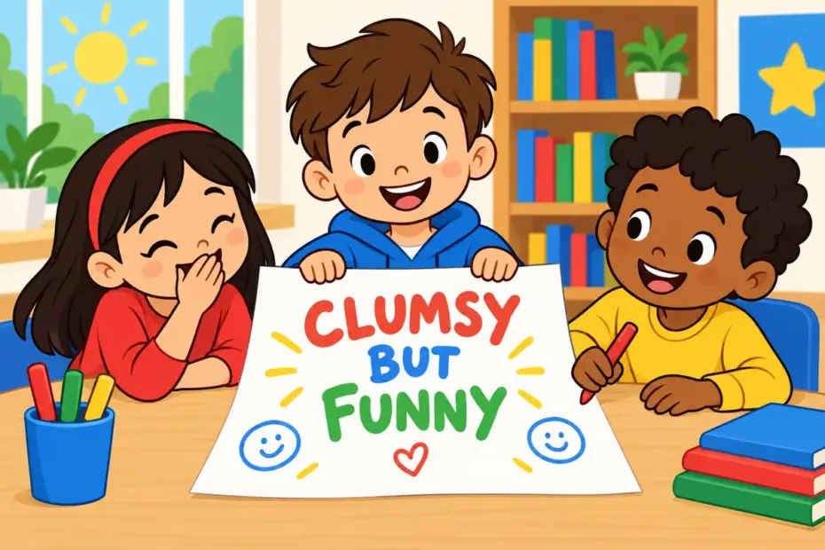 Cartoon children giggle at a hand-written sign of wobbly rhyming doggerel, showing doggerel in a sentence as silly verse.