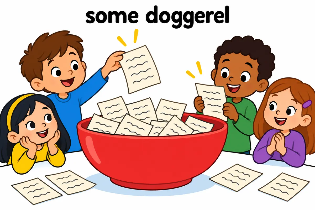 One unified cartoon scene illustrates Doggerel is a mass noun, so it takes a piece or a line rather than a or an.