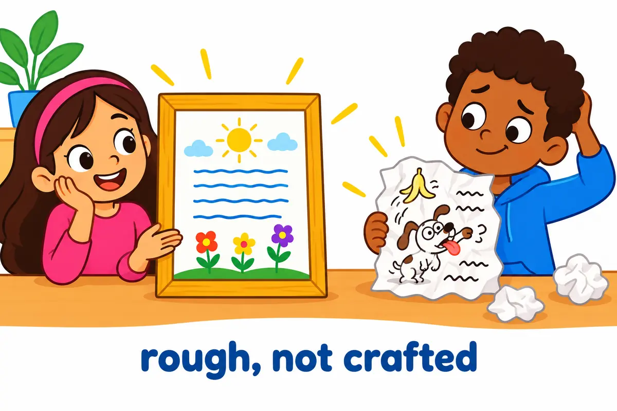 A single unified cartoon scene contrasts a framed crafted poem with a crumpled sheet of comic rhyming verse.