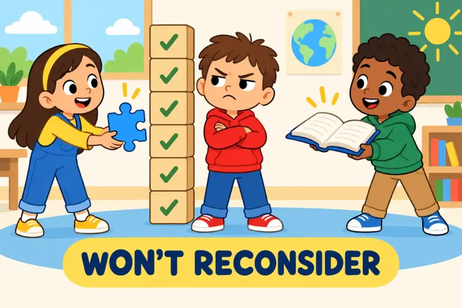 Cartoon children offer a new idea while a folded-arm child turns away, showing dogmatic in a sentence as refusing to reconsider.