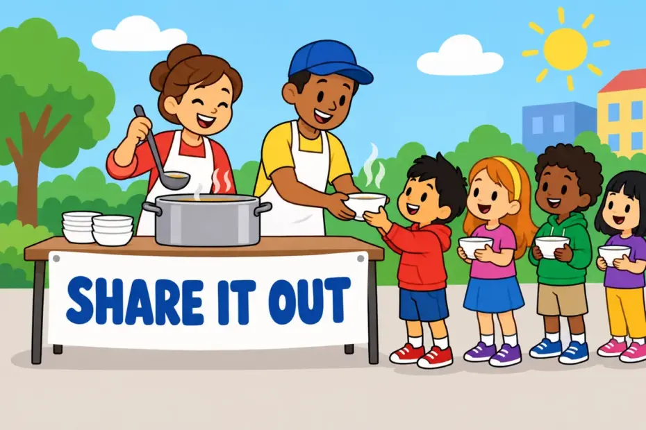Cartoon volunteers hand out bowls of soup at a stall, illustrating dole out in a sentence as sharing in portions.