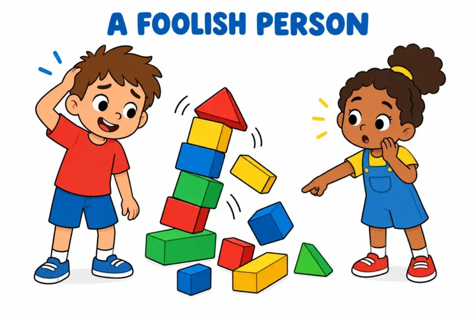 Cartoon child shrugs beside a toppling block tower while a friend looks puzzled, showing dolt in a sentence as a foolish person.