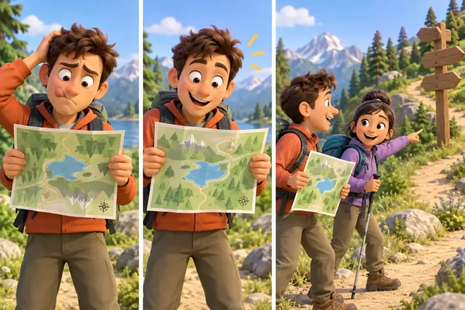 A traveler turns an upside-down map the right way while a friend helps.