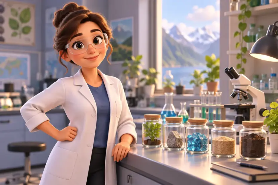 A scientist stands beside a laboratory bench of sample jars.