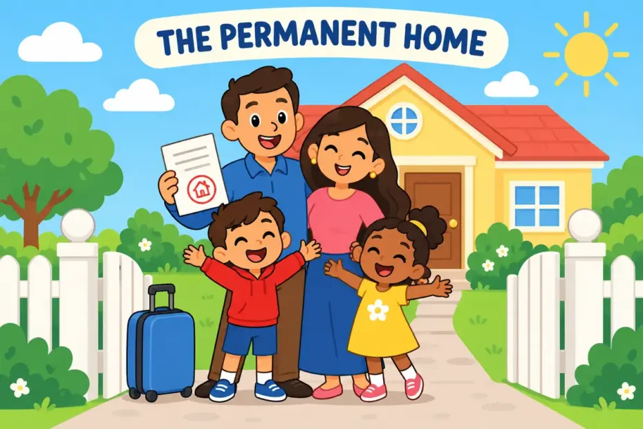 A cartoon family stands outside a house with an official stamp on a document, showing domicile in a sentence as a legal permanent home.