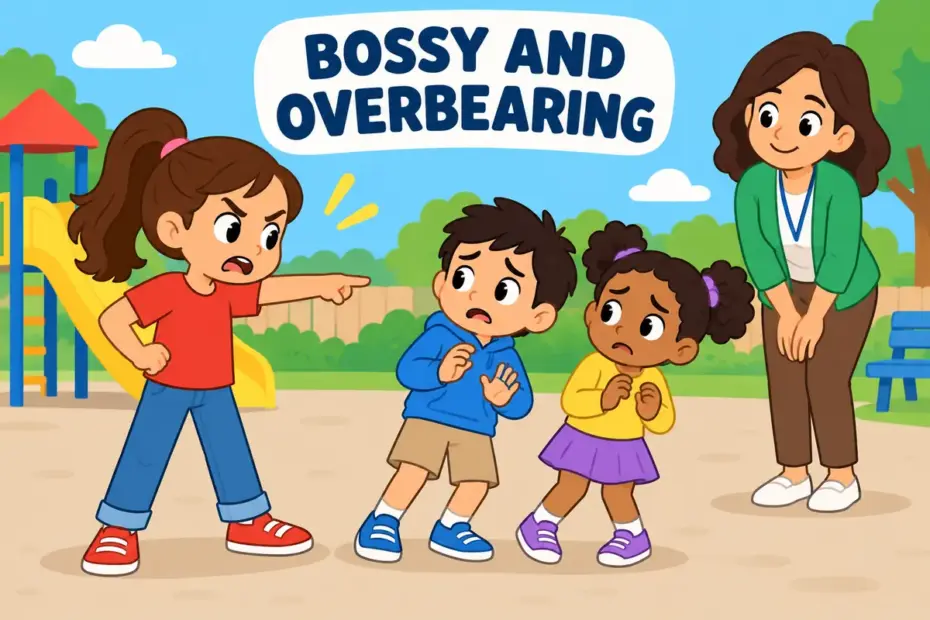 Cartoon child points and gives orders to smaller classmates, showing domineer in a sentence as overbearing behaviour toward others.