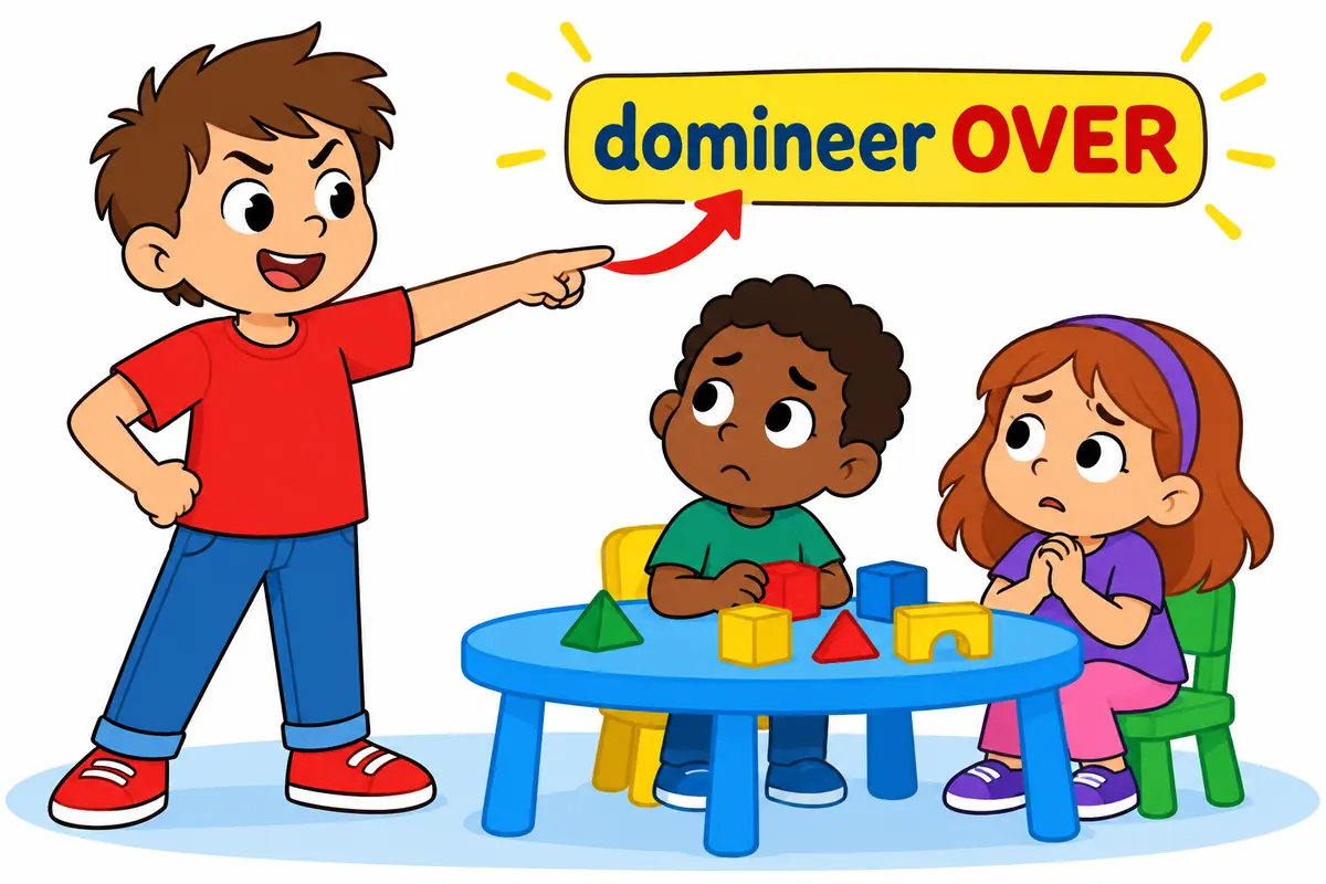 A cartoon older child points and gives orders to two smaller children at a play table while they frown and step back.