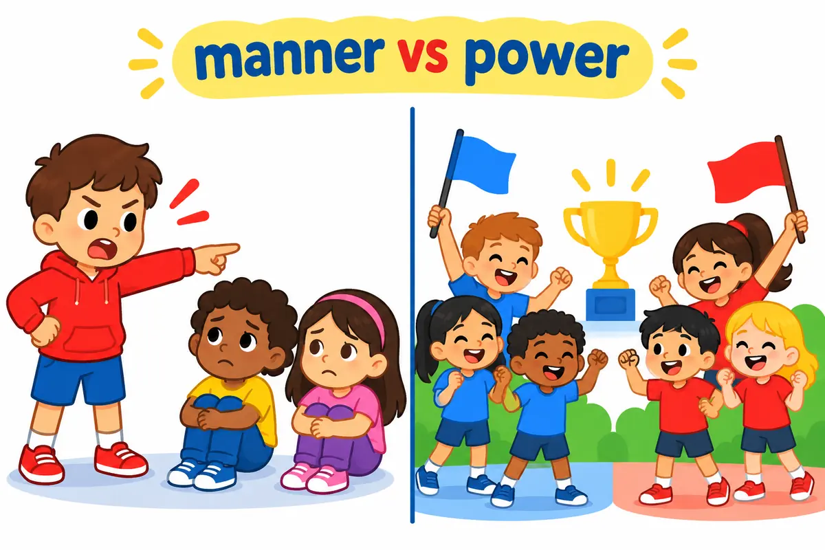 A cartoon split scene contrasts a bossy child pointing orders at others with two teams competing on a scoreboard.