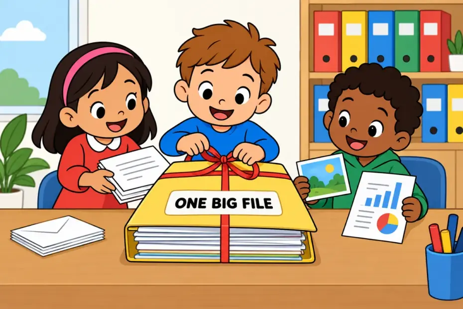 Cartoon children gather letters and records into one thick file, showing dossier in a sentence as a collected set of papers.