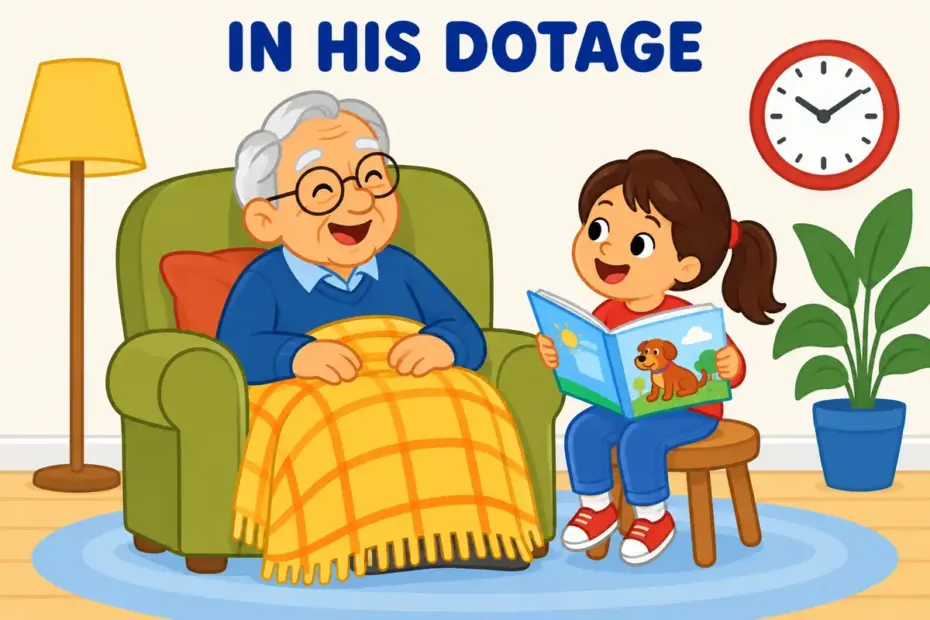 A cartoon elderly man rests in a chair while a grandchild reads to him, showing dotage in a sentence as the late years of life.