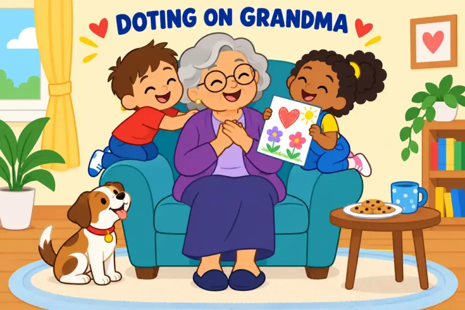 Cartoon children hug a beaming grandparent who dotes on them, illustrating dote in a sentence as overindulgent love.