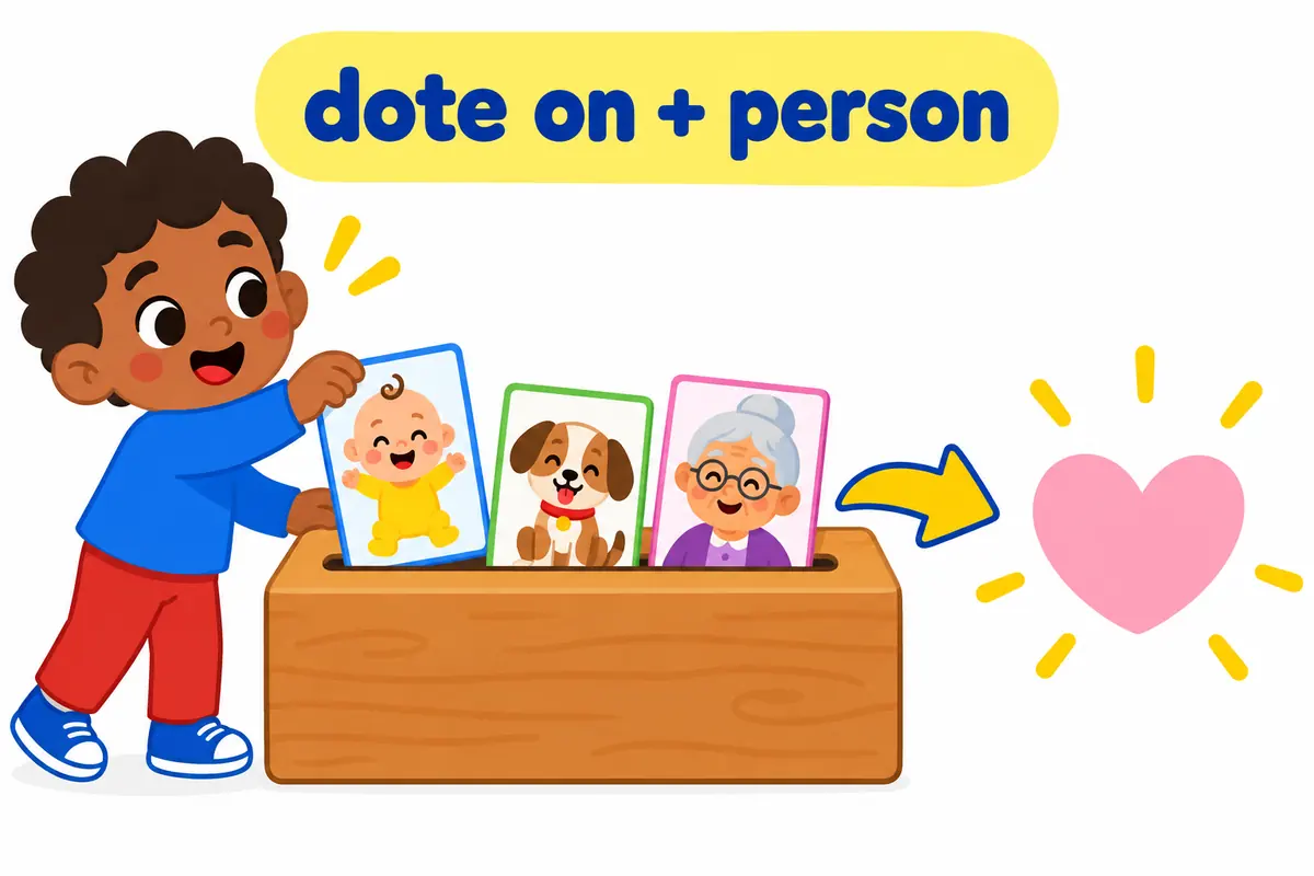 Three cartoon cards show a baby, a puppy and a grandparent, marking the person that follows the preposition on after dote.