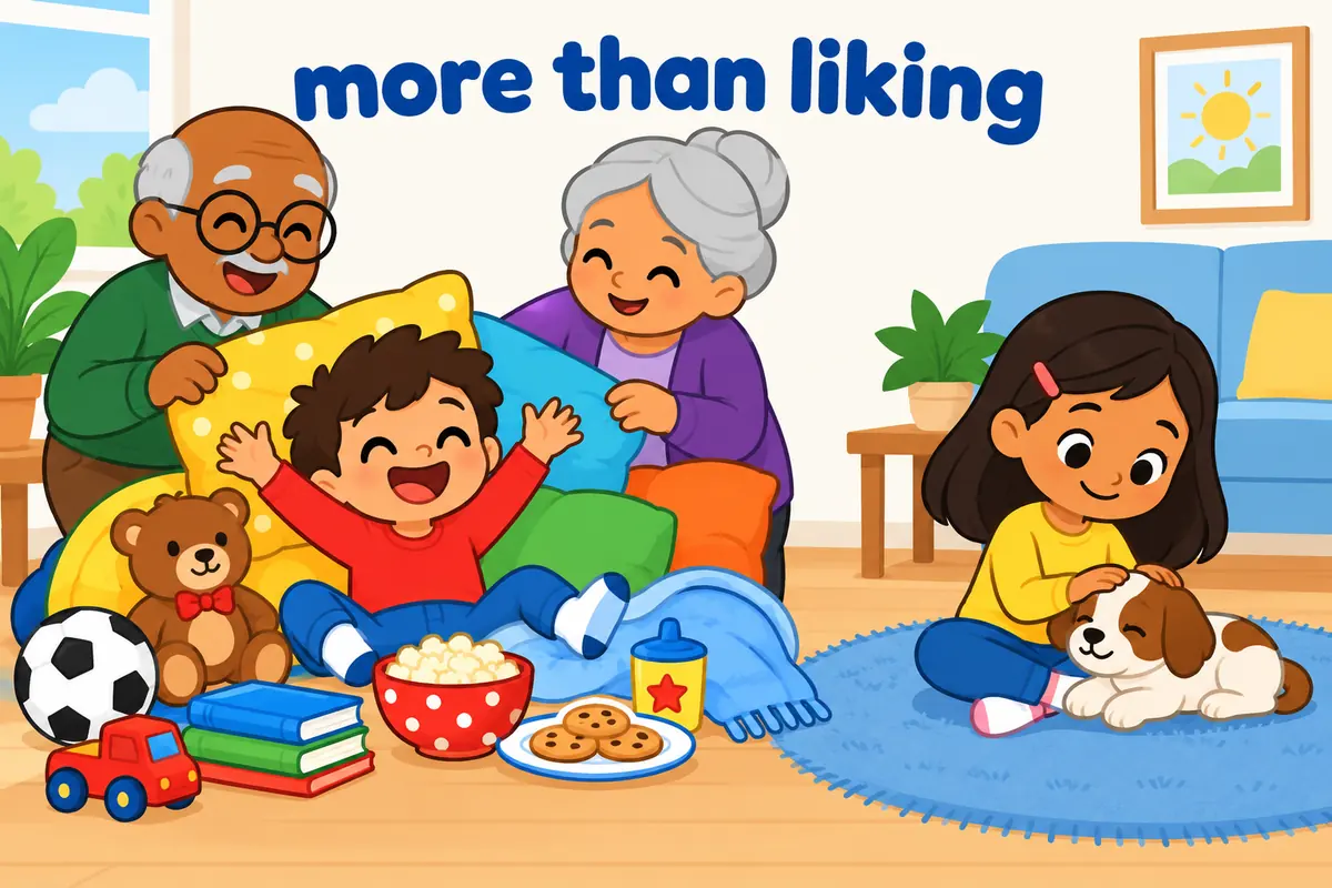 A single cartoon scene contrasts doting grandparents spoiling a child with a friend who simply likes a puppy.