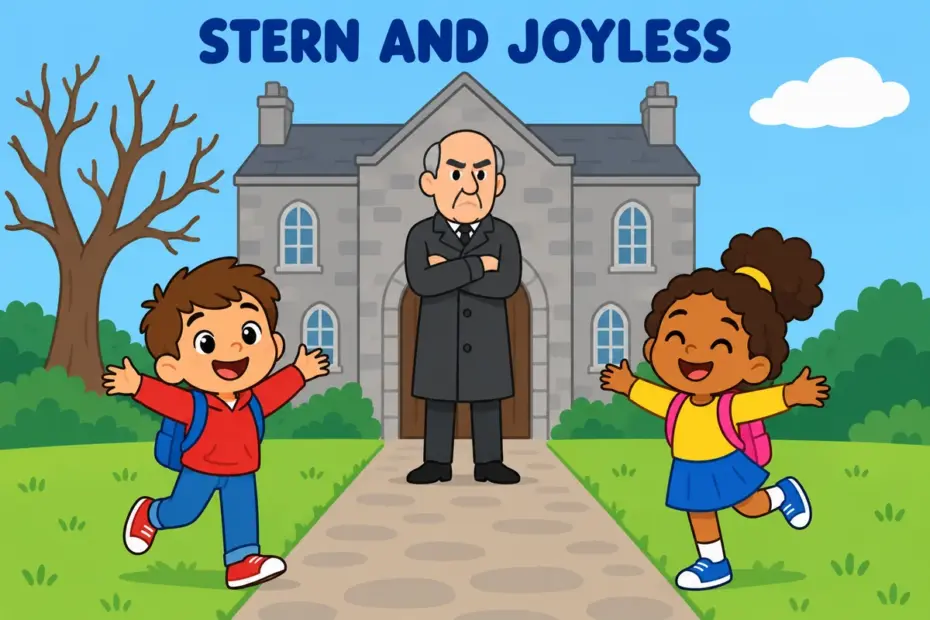 Cartoon children meet a stern, unsmiling caretaker by a grey building, showing dour in a sentence as a cold, cheerless manner.