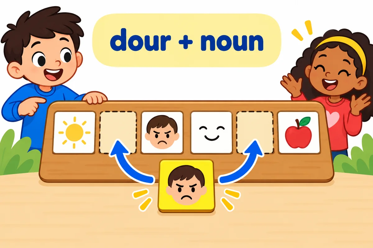 A cartoon adjective block labelled dour sits before a face card and after a linking verb card.