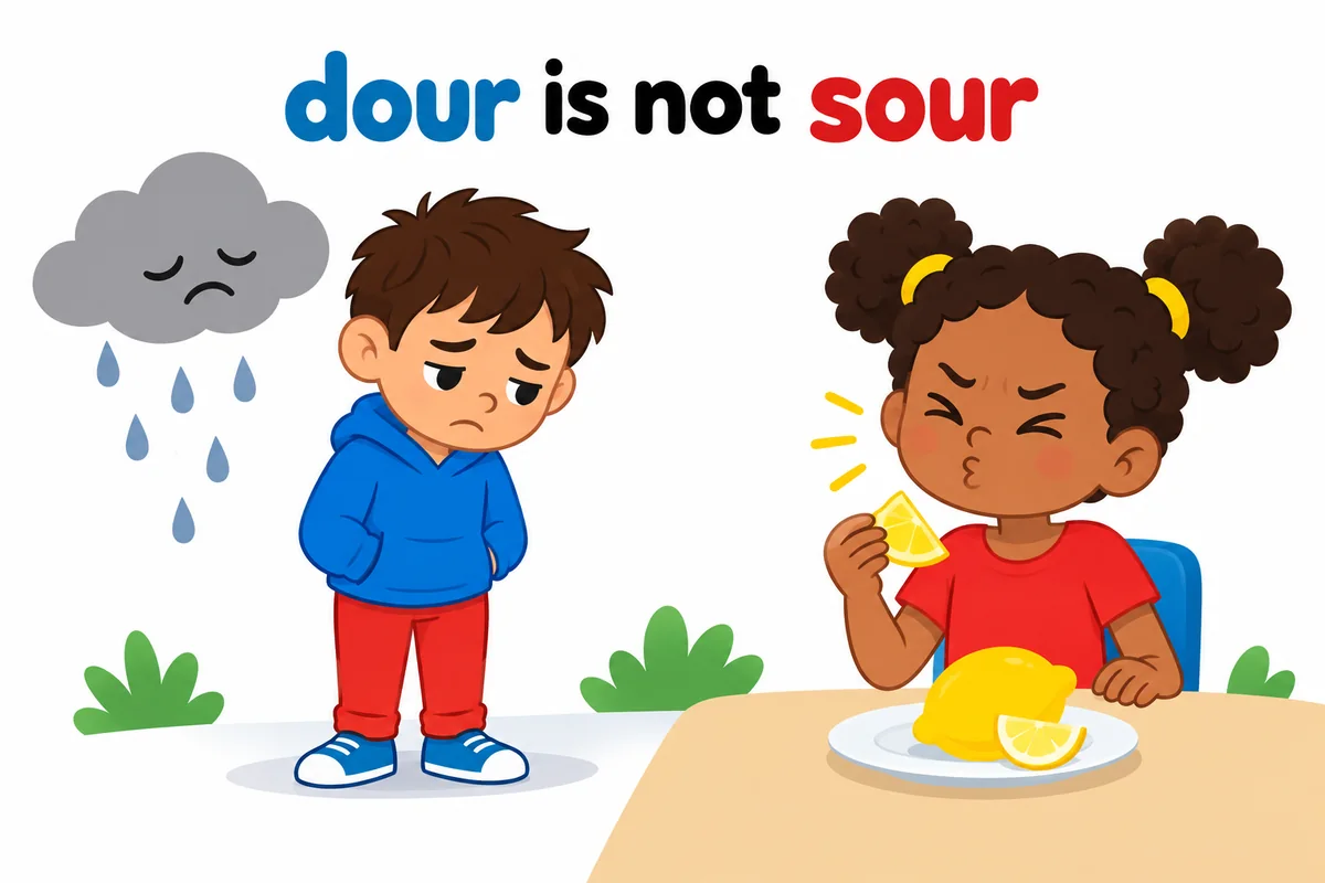 A single cartoon scene contrasts an unsmiling, gloomy face with a face puckering at a sour lemon.